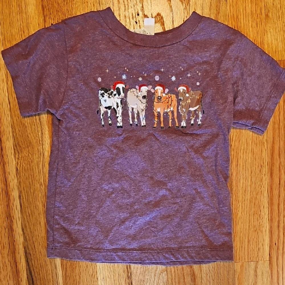 Bella Canvas Purple Kids T-Shirt with Cow Design and Christmas Lights